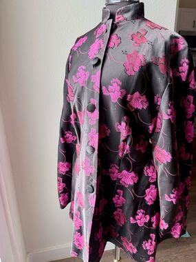 Vintage Claude Bert Women's Black Satin Jacket with Fuchsia Floral Jacquard